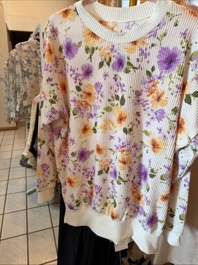 Magic Floral Waffle Knit Top with Purple & Yellow Blooms